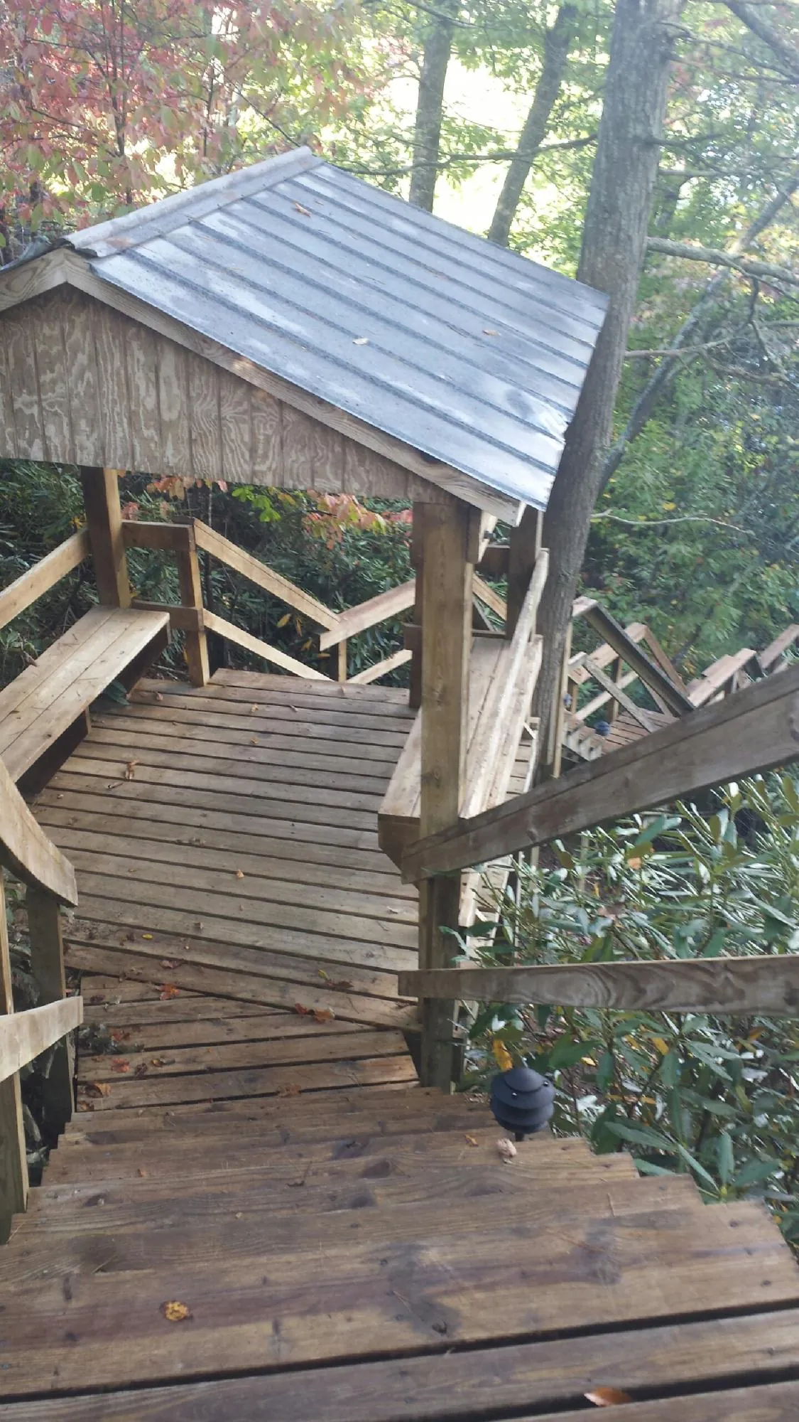 Metal roofed shelter over wooden steps on a wooded walkway — Skylight Repair & Installation work by our crew in Trout Run
